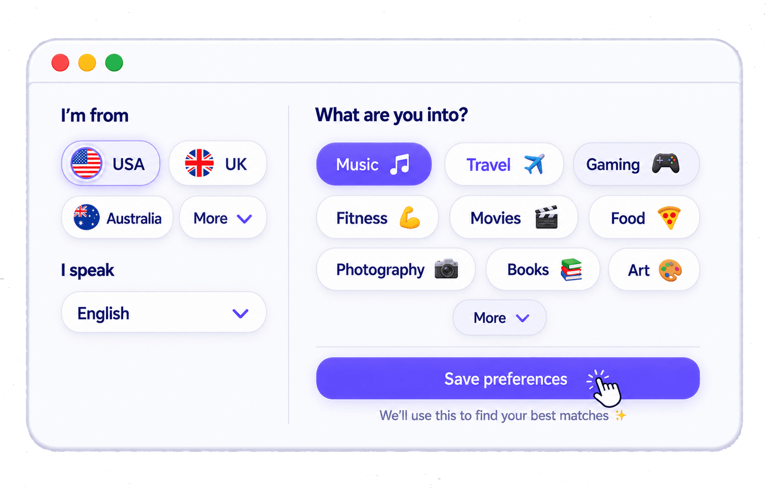 The preferences panel, with country, language and interest filters