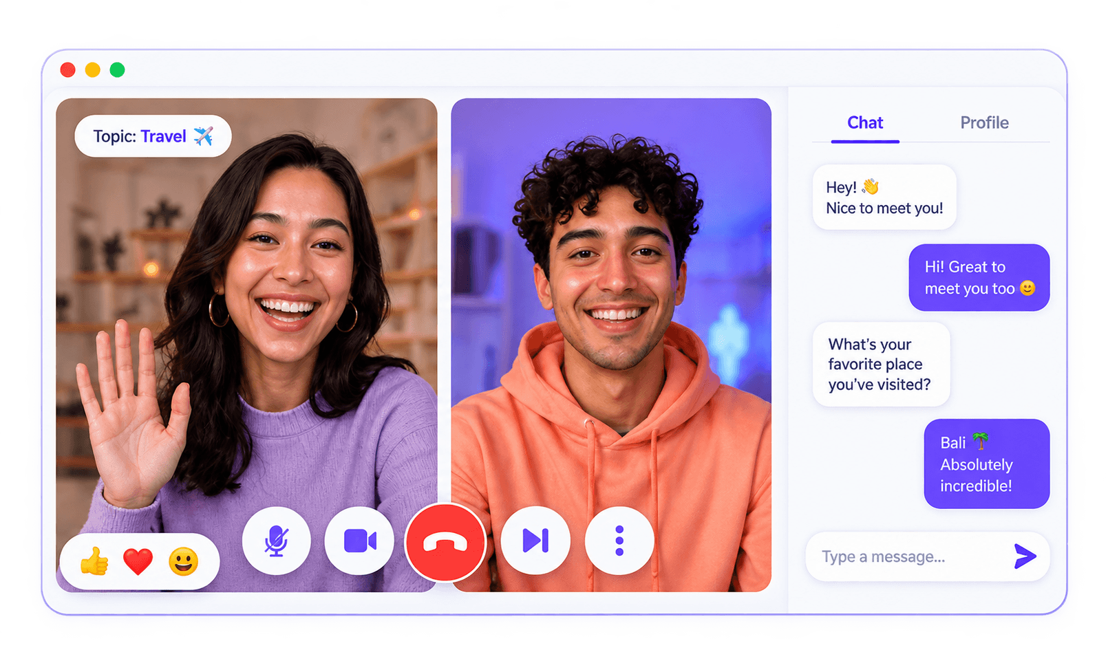 A call in progress, with the chat panel and the call controls
