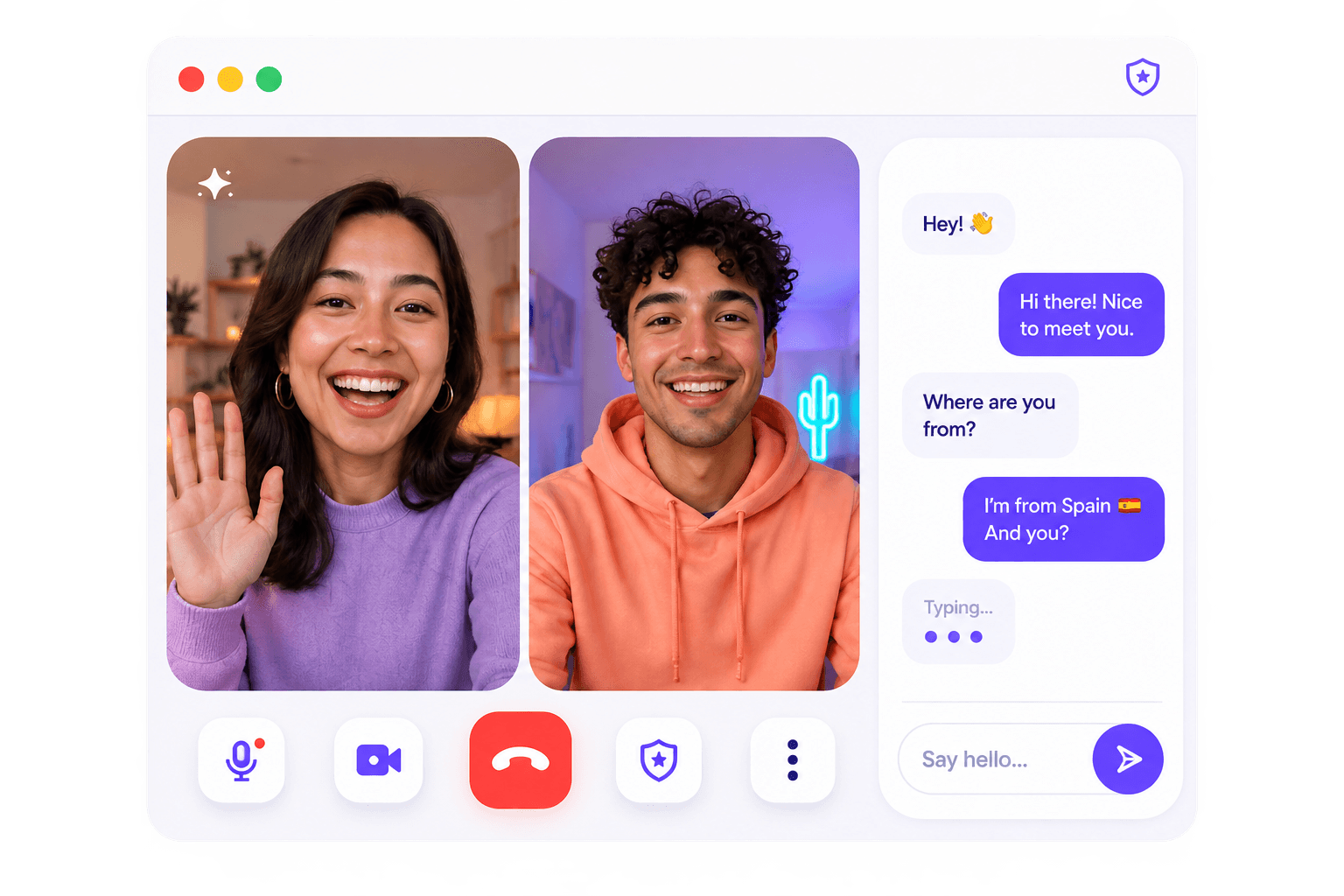 Two people mid video call, with the chat panel beside them