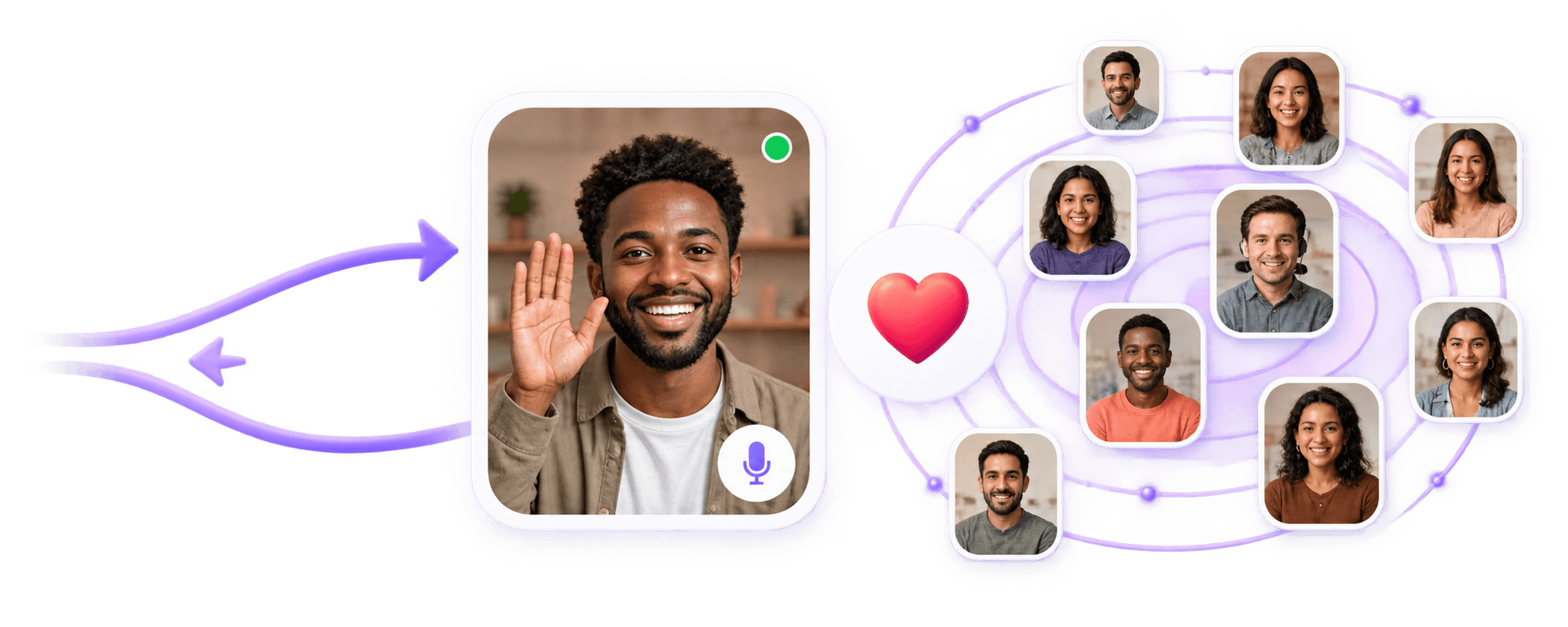 One member waving, connected to a grid of people around the world